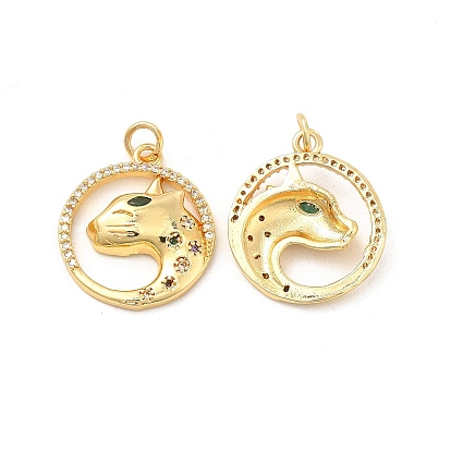 Brass Micro Pave Cubic Zirconia Pendants, Cadmium Free & Lead Free, with Jump Ring, Flat Round with Cheetah/Leopard Charms, Golden