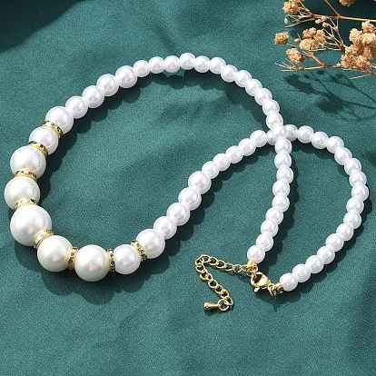 Ожерелья из круглых градуированных бусин с имитацией жемчуга АБС для женщин, с латунным диском из кубического циркония, без кадмия и без свинца, стойки покрытие, белые