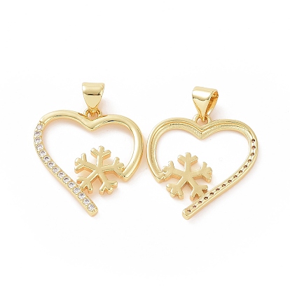 Brass Micro Pave Cubic Zirconia Pendants, Hollow Heart with Snowflake Charm
