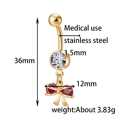 Brass Cubic Zirconia Navel Ring, Belly Rings, with 304 Stainless Steel Bar, Cadmium Free & Lead Free, Bowknot