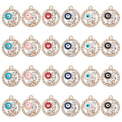24Pcs 6 Colors Rack Alloy Enamel Pendants, with Crystal Rhinestone, Cadmium Free & Nickel Free & Lead Free, Flat Round with Eye, Light Gold