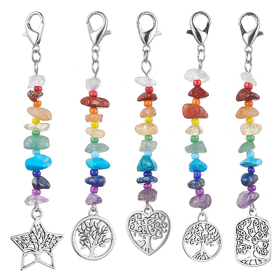 Tree of Life Tibetan Style Alloy Pendant Decorations, with Natural Gemstone Chip Beads and Lobster Claw Clasps