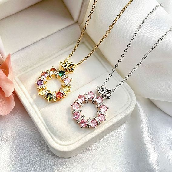 Brass Pave Cubic Zirconia Ring Pendant 304 Stainless Steel Cable Chain Necklaces for Women
