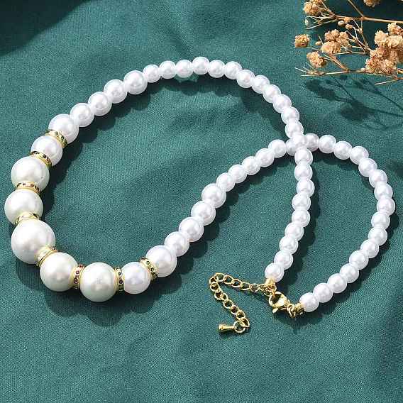 Ожерелья из круглых градуированных бусин с имитацией жемчуга АБС для женщин, с латунным диском из кубического циркония, без кадмия и без свинца, стойки покрытие, белые