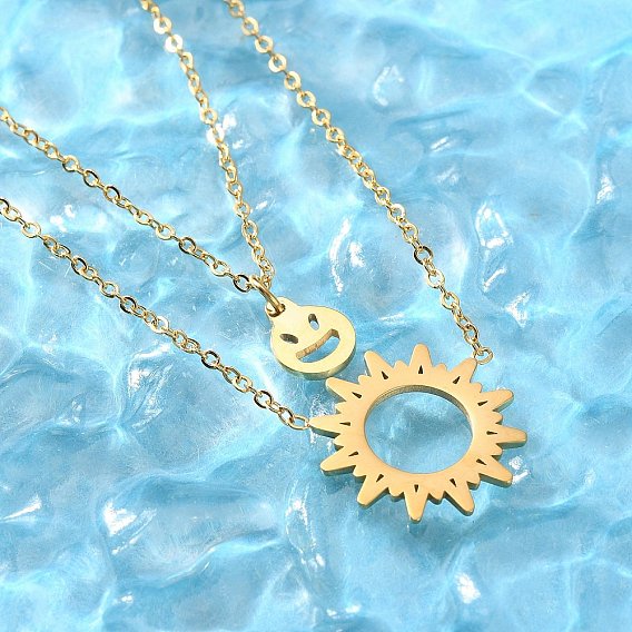 304 двухслойные ожерелья из нержавеющей стали с подвеской в виде солнца и улыбающегося лица для женщин, ионное покрытие (ip)