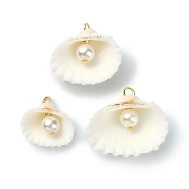 Natural Shell Pendants, Shell Charms with Round Shell Pearl Beads and Brass Beads, Golden