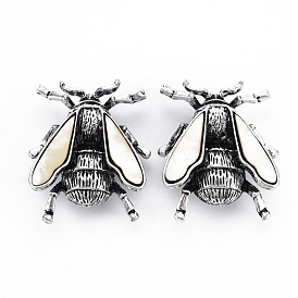 Natural Shell Beetle Brooch, Alloy Lapel Pin with Loop for Backpack Clothes Pendant Jewelry, Cadmium Free & Lead Free, Antique Silver