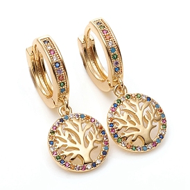 Brass Micro Pave Cubic Zirconia Huggie Hoop Earrings, Long-Lasting Plated, Flat Round with Tree of Life, Colorful