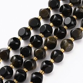 Natural Black Obsidian Beads Strands, with Seed Beads, Six Sided Celestial Dice, Faceted