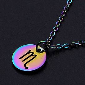201 Stainless Steel Pendants Necklaces, with Cable Chains and Lobster Claw Clasps, Flat Round with Constellation/Zodiac Sign