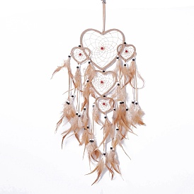 Handmade Heart Woven Net/Web with Feather Wall Hanging Decoration, with Flocking Cloth & ABS/Wooden Beads, for Home Offices Amulet Ornament