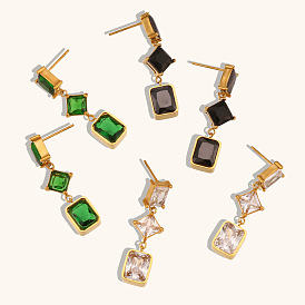Geometric Square Zirconia Chain Earrings - Minimalist Luxury Stainless Steel Ear Jewelry