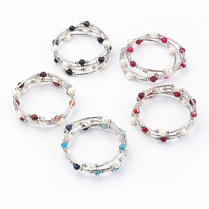 4-петли из натурального полосатого агата / полосатого агата (окрашенные) браслеты с оберткой, с естественным пресноводным жемчугом и утюгом