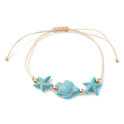4Pcs 4 Styles Synthetic Turquoise Braided Starfish & Tortoise Beaded Bracelets for Women