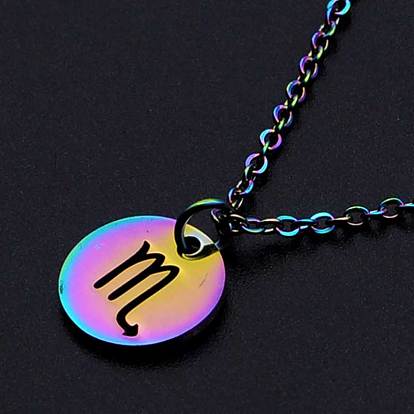 201 Stainless Steel Pendants Necklaces, with Cable Chains and Lobster Claw Clasps, Flat Round with Constellation/Zodiac Sign