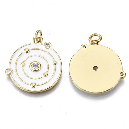Brass Micro Pave Cubic Zirconia Pendants, with Enamel and Jump Ring, Nickel Free, Flat Round with Vortex, Real 16K Gold Plated