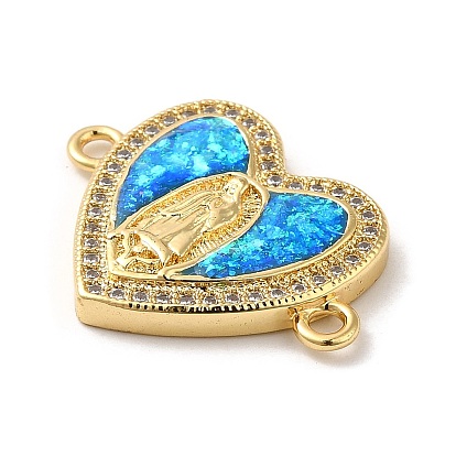 Rack Plating Brass Micro Pave Clear Cubic Zirconia Connector Charms, Heart Links with Synthetic Opal, Lead Free & Cadmium Free, Long-Lasting Plated