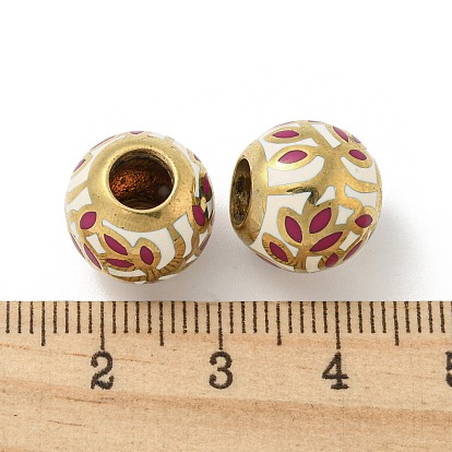 Brass Enamel European Beads, Large Hole Beads, Golden, Round with Leaf