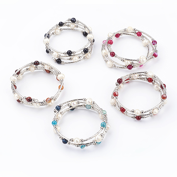 4-петли из натурального полосатого агата / полосатого агата (окрашенные) браслеты с оберткой, с естественным пресноводным жемчугом и утюгом