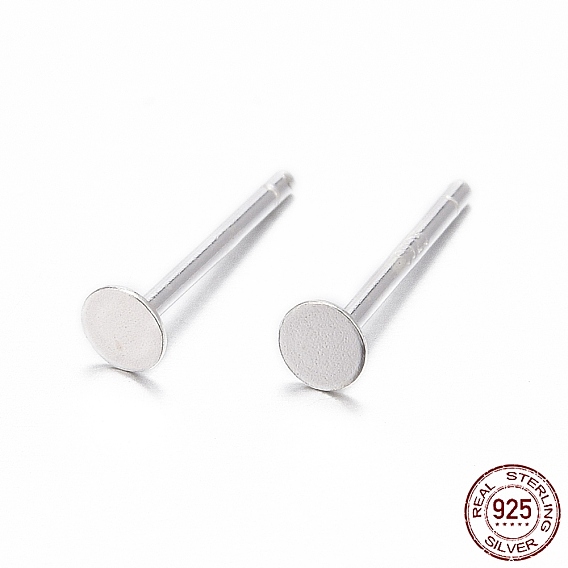925 Sterling Silver Flat Pad Stud Earring Findings, Earring Posts with 925 Stamp