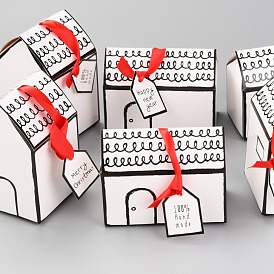 Tema navideño regalo dulces cajas plegables de papel, etiquetas con palabra y cinta., para decorar navidad, forma de la casa