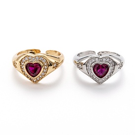 Латунные микро проложить манжеты кольца кубического циркония, долговечный, сердце, красно-фиолетовые