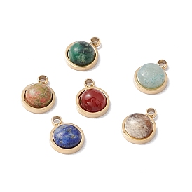 Natural Stone Charms, with Ion Plating(IP) Real 24K Gold Plated 304 Stainless Steel Findings, Half Round