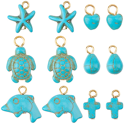60Pcs 6 Styles Dyed Synthetic Turquoise Pendants, with Golden Iron Loops