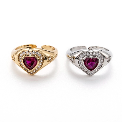 Латунные микро проложить манжеты кольца кубического циркония, долговечный, сердце, красно-фиолетовые