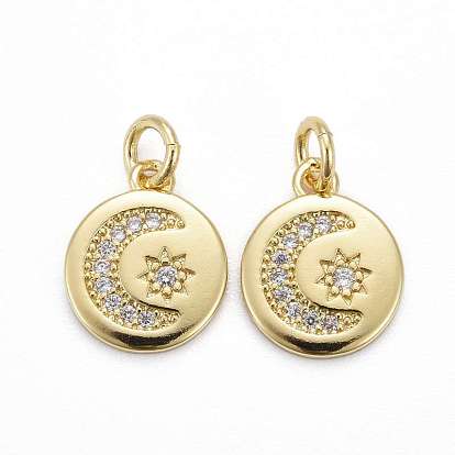 Brass Micro Pave Clear Cubic Zirconia Pendants, Long-Lasting Plated, Flat Round with Moon & Star