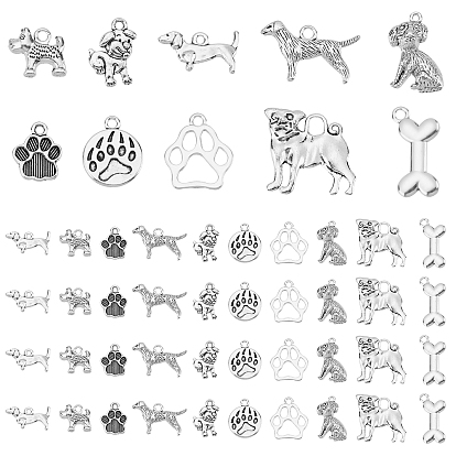 100Pcs 10 Style Tibetan Style Alloy Pendants, Dog, Bone & Dog Paw Print