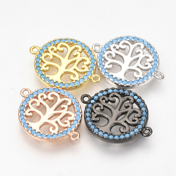 Brass Micro Pave Cubic Zirconia Links, Flat Round with Tree of Life, Cornflower Blue