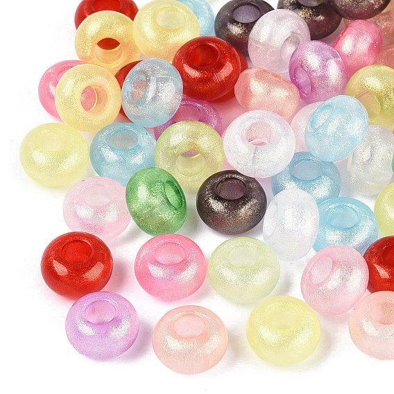 Прозрачного акрилового Европейский бисером, рондель, большое отверстие шарик, с блеском порошок