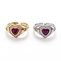 Латунные микро проложить манжеты кольца кубического циркония, долговечный, сердце, красно-фиолетовые