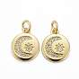 Brass Micro Pave Clear Cubic Zirconia Pendants, Long-Lasting Plated, Flat Round with Moon & Star