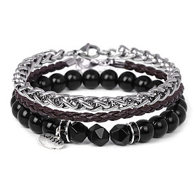 Men's Vintage Steel Alloy Chain Bracelet with Natural Stone Beads and Leather Cord Set of 3