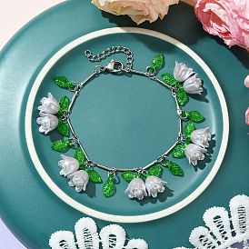 Латунные звенья цепи браслеты с подвесками, браслеты с подвесками в виде цветка из акрила для женщин, с АБС-пластиком и стеклянными бусинами