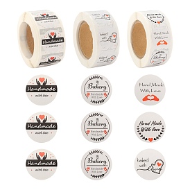 6 Rolls 3 Style Word Handmade with Love Self-Adhesive Kraft Paper Stickers, Flat Round Adhesive Labels Roll Stickers, Gift Tag