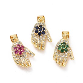 Brass Micro Pave Cubic Zirconia Pendants, Hand with Flower Charms