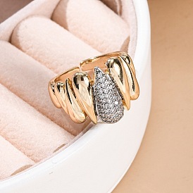 Brass Micro Pave Clear Cubic Zirconia Cuff Finger Rings for Women, Teardrop