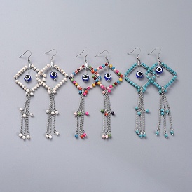 Cuelga los pendientes, con cuentas de turquesa sintéticos, Abalorios de espaciador de acero, perlas de resina de mal de ojo, Colgantes rombo de acero inoxidable y cadenas de cable y ganchos para pendientes