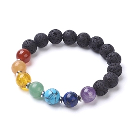 Chakra bijoux, bracelets élastiques de pierres fines, avec des perles en laiton, ronde