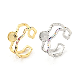 Flat Round Brass Micro Pave Colourful Cubic Zirconia Open Cuff Rings, Long-Lasting Plated