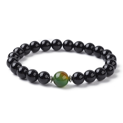 Natural Dyed Peacock Agate & Black Onyx Round Beaded Stretch Bracelets