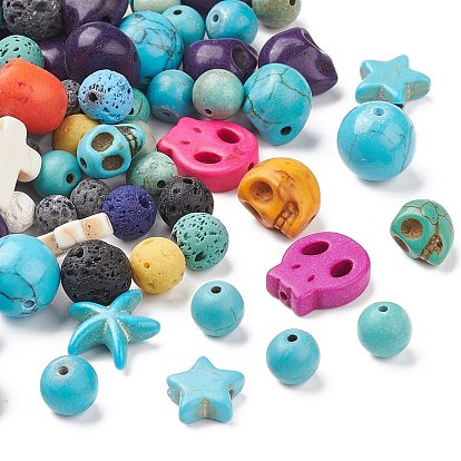 Natural Mixed Beads Sets, Natural Howlite & Lava Rock, Star & Starfish & Skull & Round, Mixed Shape, Dyed, Mixed Color