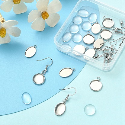 DIY Blank Dome Dangle Earrings Making Kit, Including 304 Stainless Steel Flat Round Pendant Cabochon Settings & Earring Hooks, Glass Cabochons