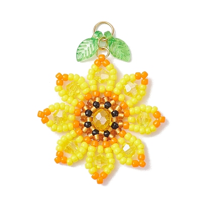 Подсолнух из стеклянных бусин с подвесками в виде листьев, с 304 кольцом из нержавеющей стали и акриловыми и стеклянными бусинами, реальный 18 k позолоченный