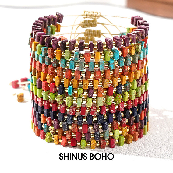 Регулируемые ретро бохо винтажные квадратные окрашенные браслеты из натуральной императорской яшмы с плетением из бусин для женщин и мужчин