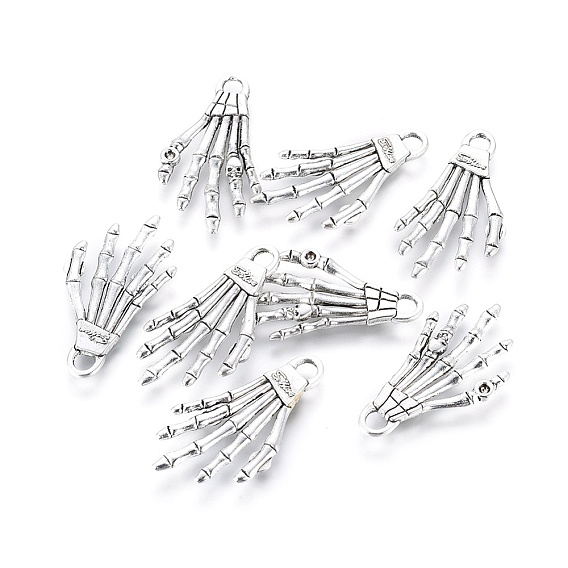 Сплавочные подвески тибетского стиля, рука череп для Хэллоуина, без кадмия и без свинца, 36x19x2 мм, отверстие : 3 мм