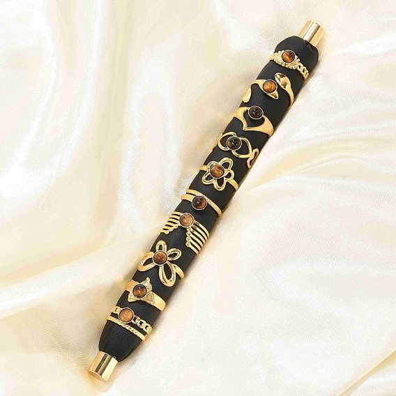 Натуральный тигровый глаз кольца палец, смешанные формы 304 открытые манжетные кольца из нержавеющей стали, ионное покрытие (ip), реальный 18 k позолоченный